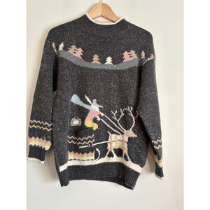 Vintage Womens Gray Winter Ski Scene High Neck Sweater